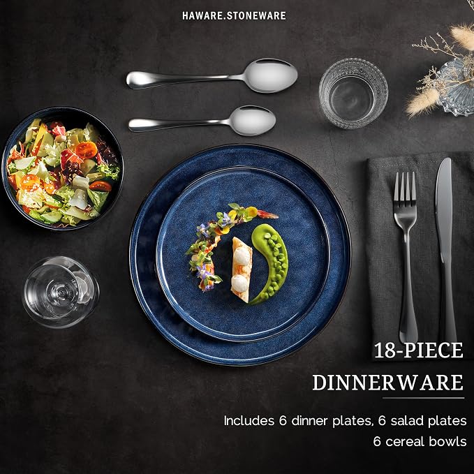 HaWare Dinnerware Sets, 18-Piece Plates and Bowls Set, Reactive Starry Blue | - Image 3