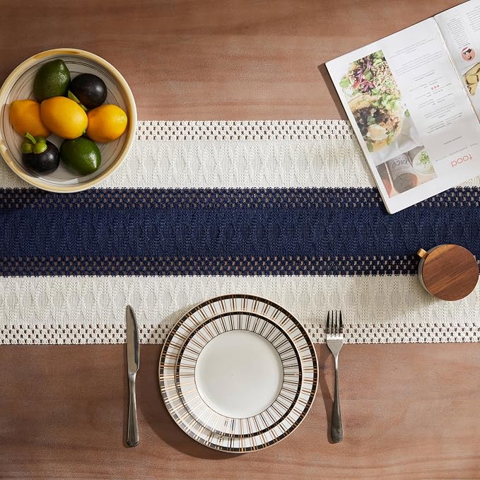 Macrame Style Bicolor Stitching Table Runner 14x36in Navy Blue | Woven Boho - Image 4