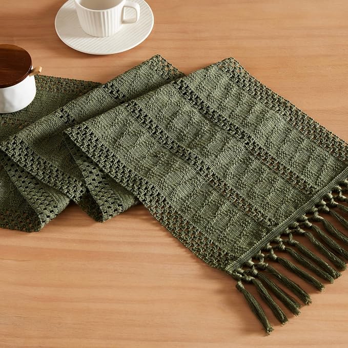 Macrame Style Boho Table Runner, 12x108 Inch Olive | Woven Boho Table Runner by ZEEMARTONLINE