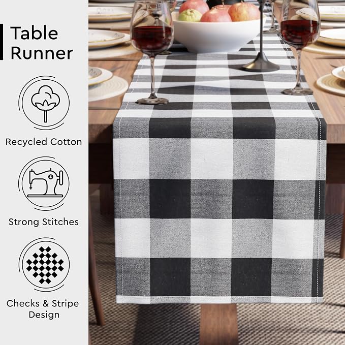Encasa XO Table Runner, Woven Cotton Dining Runner 13"x104" Buffalo Black Checks - Image 3