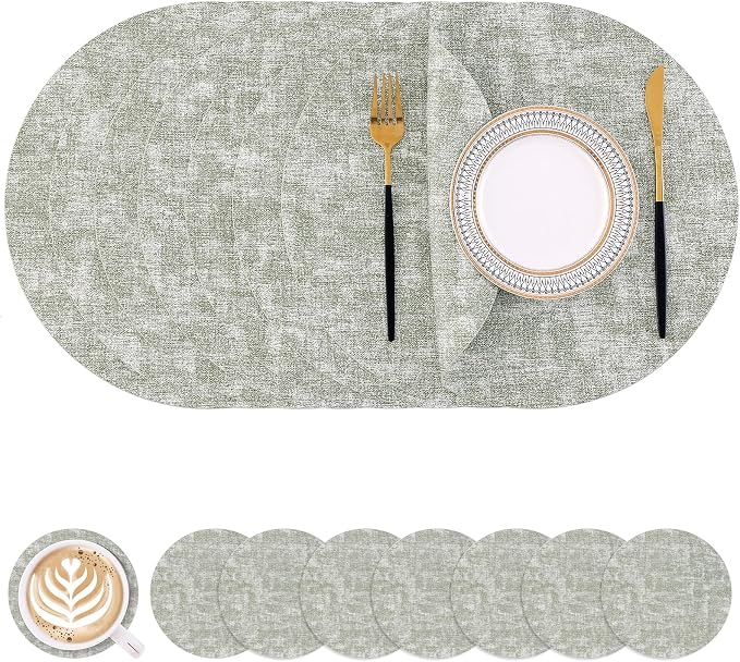 Homaxy Round Faux Leather Placemats and Coasters, Grass Green | Washable by Homaxy