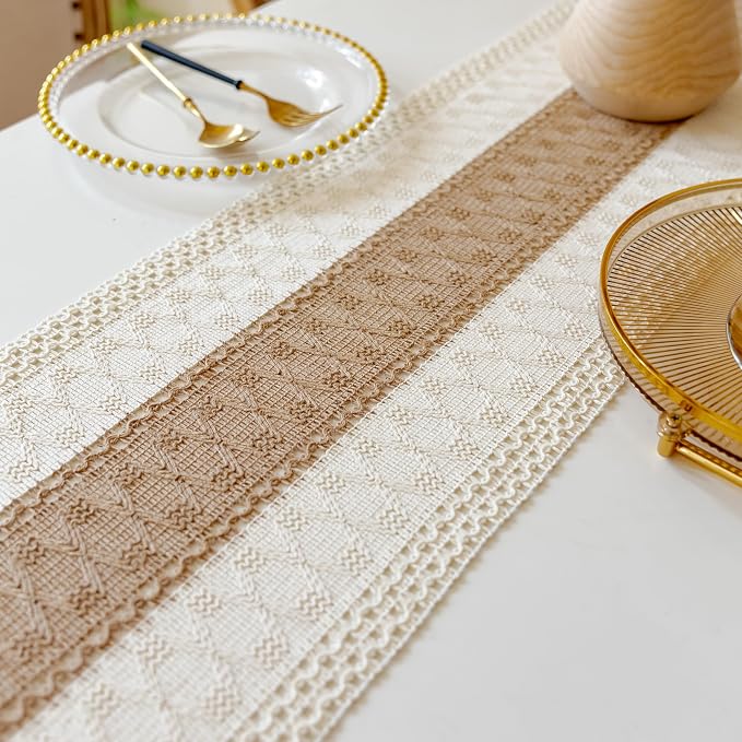 EMMTEEY Boho Table Runner with Tassels 36 Inches Long, Cream Brown | Handmade - Image 7