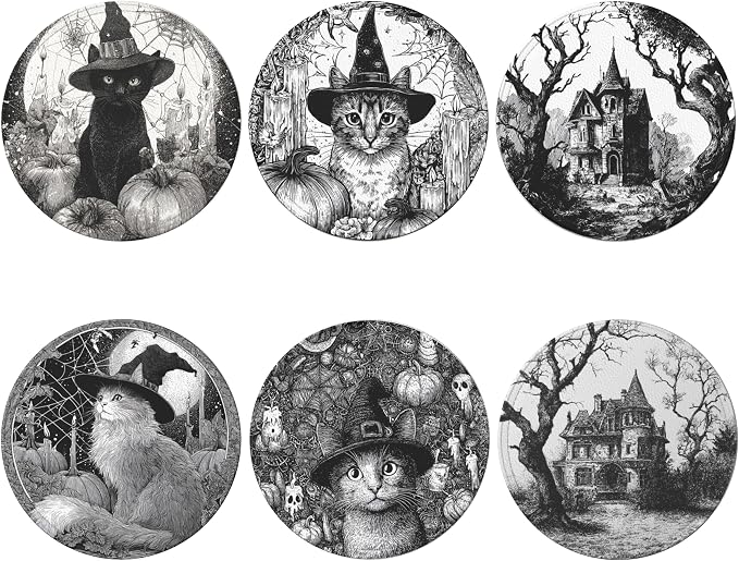 Halloween Cat Coasters Leather Round Drink Coasters 6 Pcs Set - Image 2