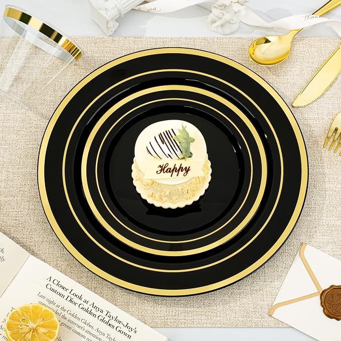 BESTVIP 600PCS Black Gold Dinnerware Set - Image 2