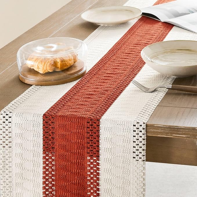 Macrame Style Bicolor Stitching Table Runner 14x72in Orange | Woven Boho Table - Image 4