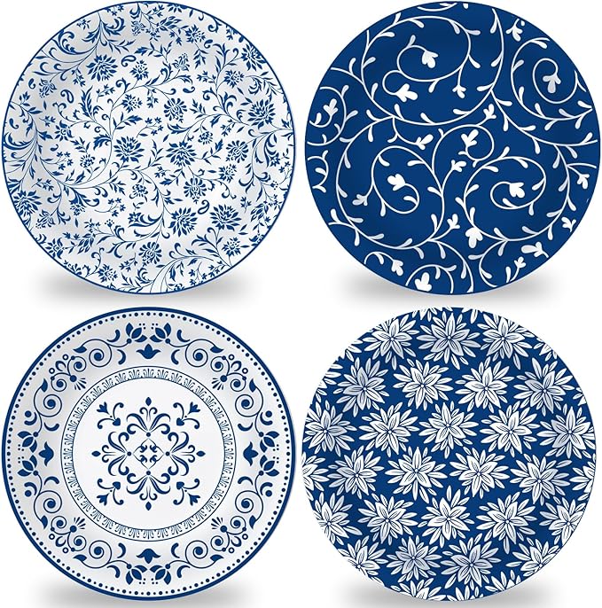 4 Set 10 Inch Blue White Porcelain Dinner Plates Melamine Blue White Floral by Afniimyapt