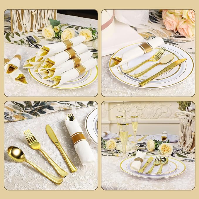 Zcaukya 350 PCS Gold Plastic Dinnerware Set - Image 7