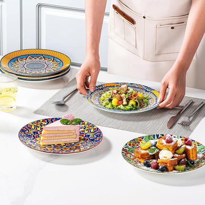 HENXFEN LEAD Boho Ceramic Salad & Dessert Plates Set of 6, 8.5 Inch | Assorted - Image 6