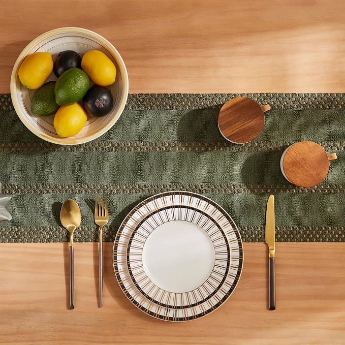Macrame Style Boho Table Runner, 12x90 Inch Olive | Woven Boho Table Runner - Image 4