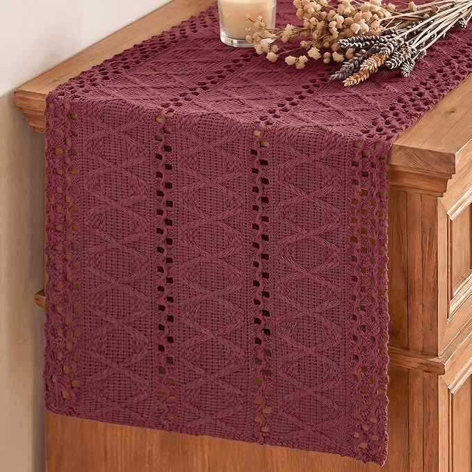 Artoid Mode Red Woven Farmhouse Hollow Table Runner 12x120 Inch | Holiday by ArtoidMode