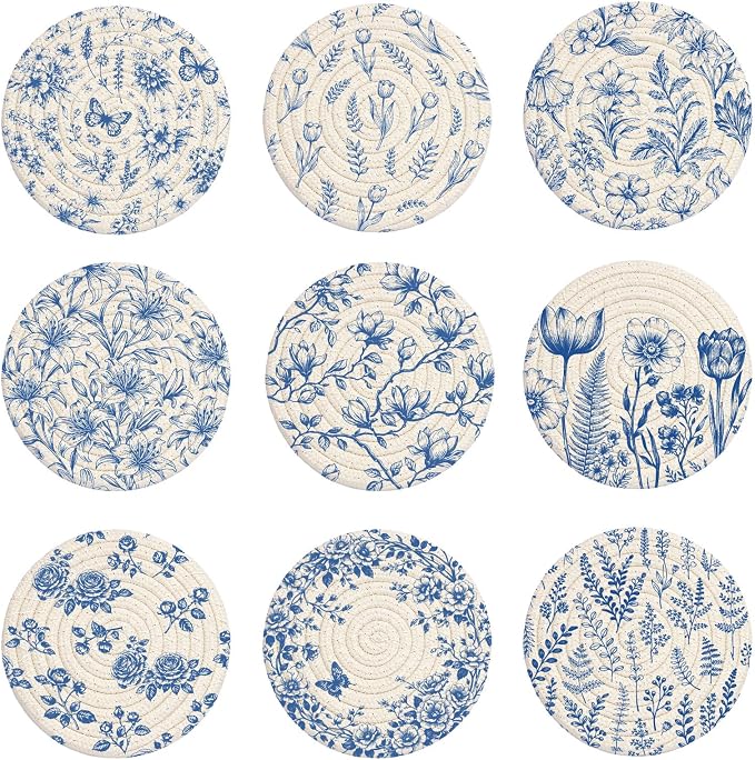 Cotton Woven Coaster Set of 9, 4.3In Fabric Coasters by GLASSWINDS