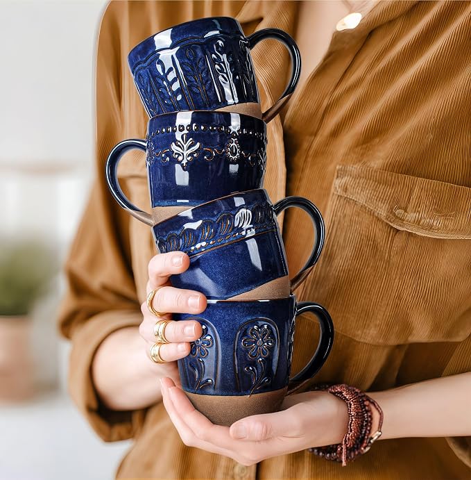 Artena Ceramic Coffee Mugs Set of 4, 16oz Embossed Large Latte Mugs Coffee Cups - Image 8