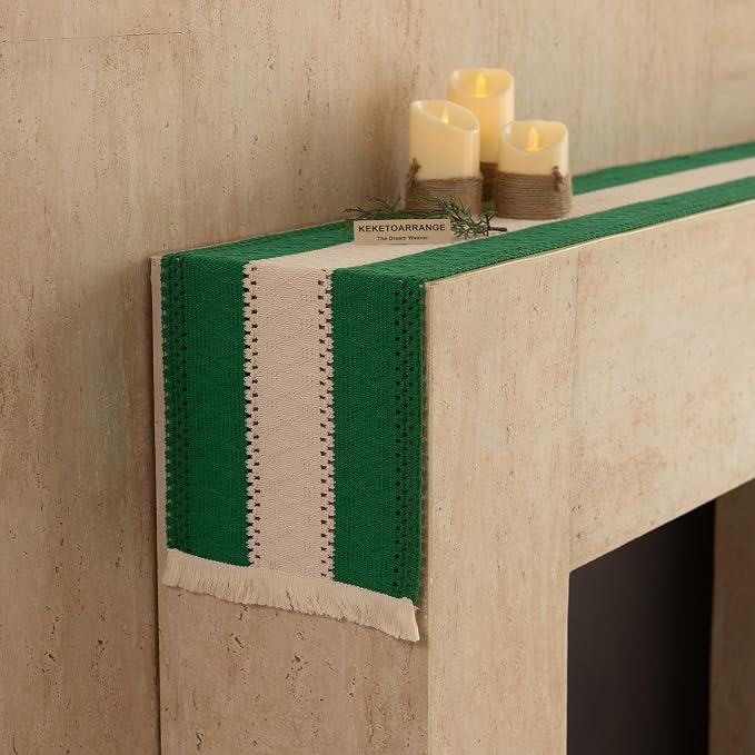 Keketoarrange Christmas Green Boho Table Runner 12x48 Inch | Woven Burlap - Image 7
