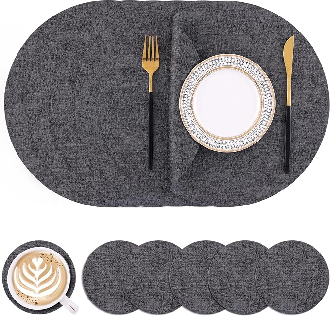 Homaxy Round Faux Leather Placemats and Coasters, Dark Grey | Washable by Homaxy