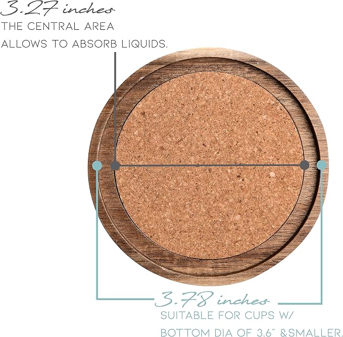 Acacia Wood Coasters for Drinks, 4.13 Inch, Absorbent and Insulation Cork - Image 2