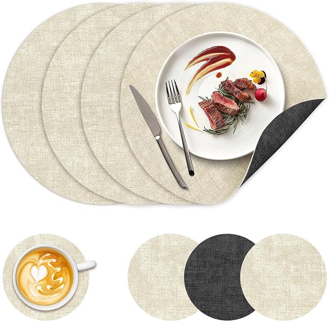 NCUE 13" Faux Leather Round Placemats Set of 4, Reversible Dual-Color | by NCUE