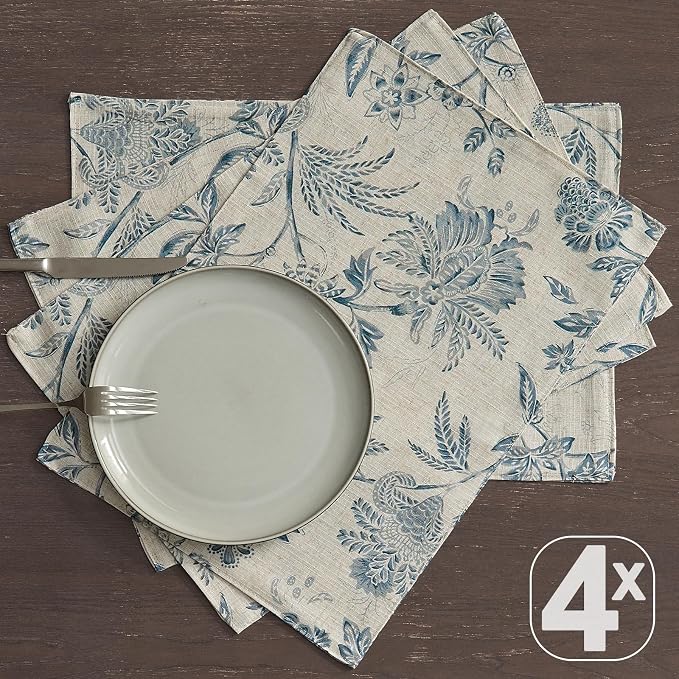 JINCHAN Sliva Linen Floral Placemats Set of 4 Farmhouse 13x19 Inch Blue | - Image 6