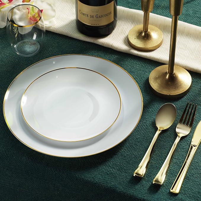 100 Gold Plastic Plates Set, Elegant Fancy Heavy Duty - Image 6
