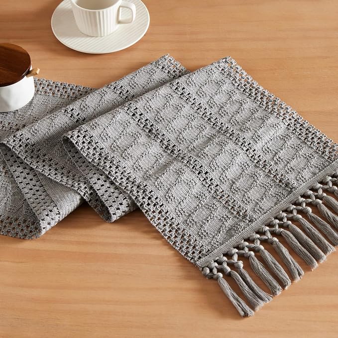 Macrame Style Boho Table Runner, 12x108 Inch Grey | Woven Boho Table Runner by ZEEMARTONLINE