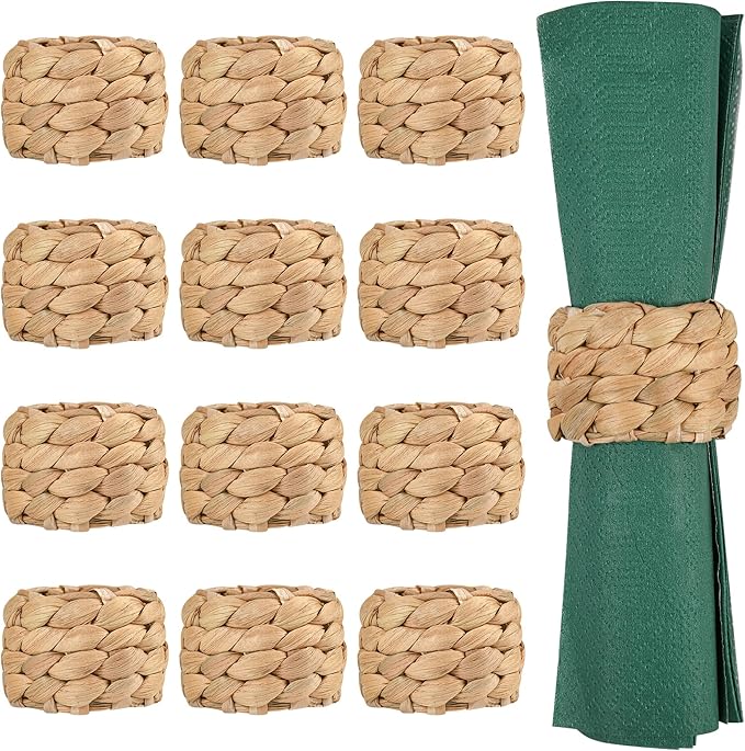 12 Pcs Boho Rattan Woven Napkin Rings, Farmhouse Water Hyacinth Wooden Rustic by Unknown
