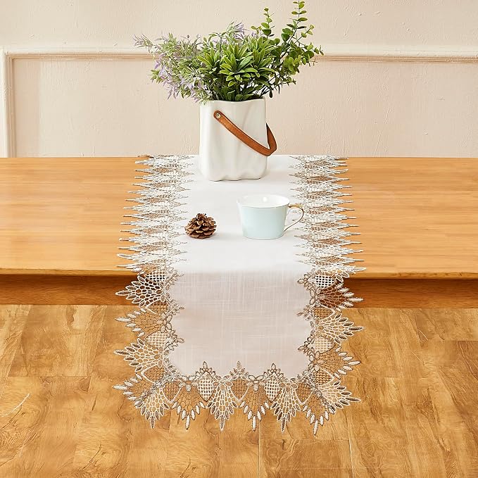 White Linen Table Runner 60” Lace Coffee Table Runners | French Dresser Runners - Image 2