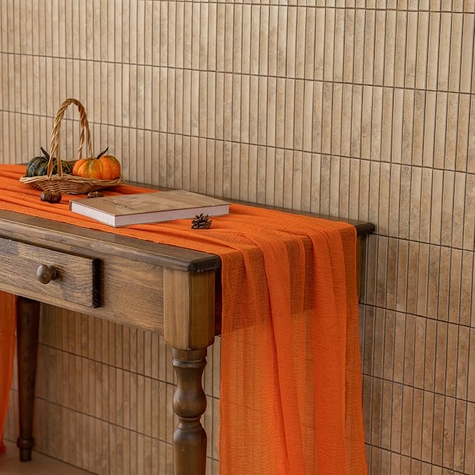 Orange Fall Table Runner Cheesecloth 120 Inch Thanksgiving Home Decorations | - Image 7