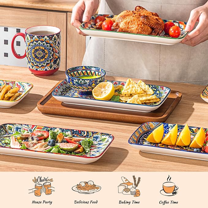 Henten Home Ceramic 10 Inch Salad Plates, Colorful Rectangular Plate Set of 6 - Image 5