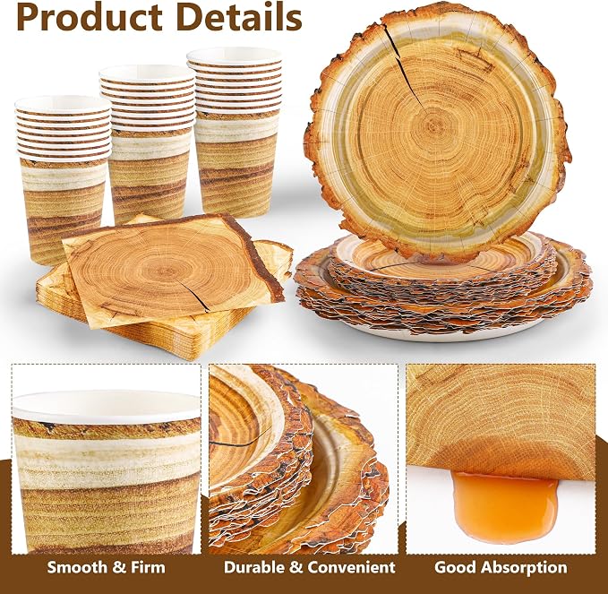 Kochorie 96 Pieces Camping Wood Grain Slice Tableware Set Rustic Wood Party - Image 3