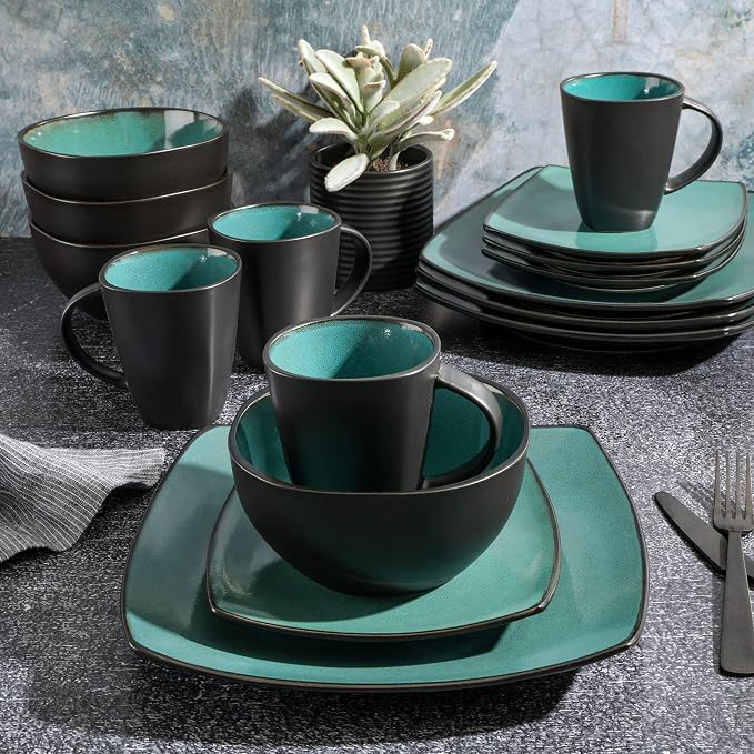 Gibson Elite Soho Lounge 16-Piece Reactive Glaze Dinnerware Set – Teal and - Image 4