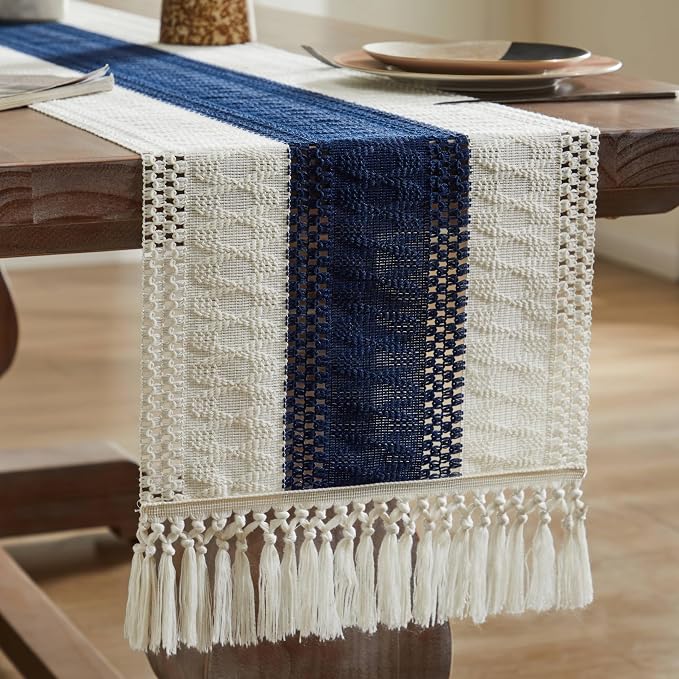 Macrame Style Bicolor Stitching Table Runner 14x48in Navy Blue | Woven Boho - Image 7
