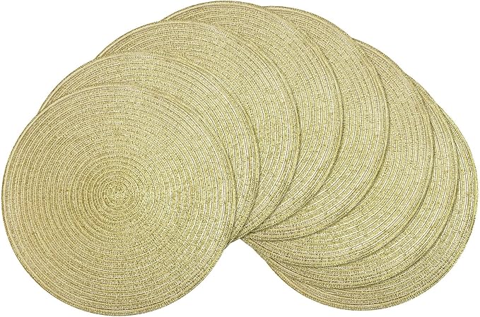 SHACOS Glitter Gold Round Braided Placemats Set of 8 Sparkle Washable 15 inch by SHACOS