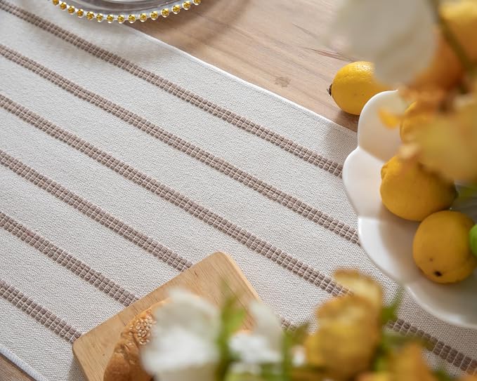 Caflife Boho Table Runner 60 Inchs Long Taupe and Beige, Cotton and Linen Woven - Image 5