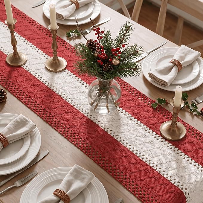 Artoid Mode Rose Red Farmhouse Woven Table Runner 12x120 Inch | Holiday Rustic - Image 3