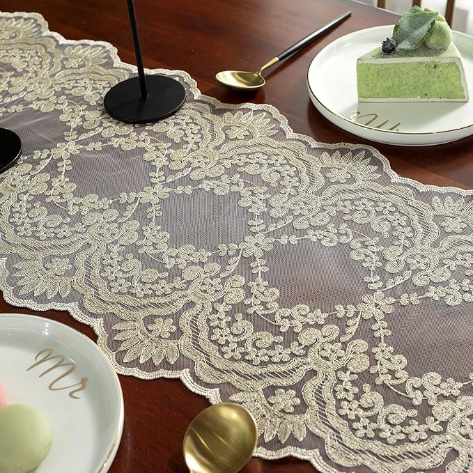 SUTAVIA Lace Table Runner 12"×120" Gold Embroidered Dresser Scarf | Classic - Image 4