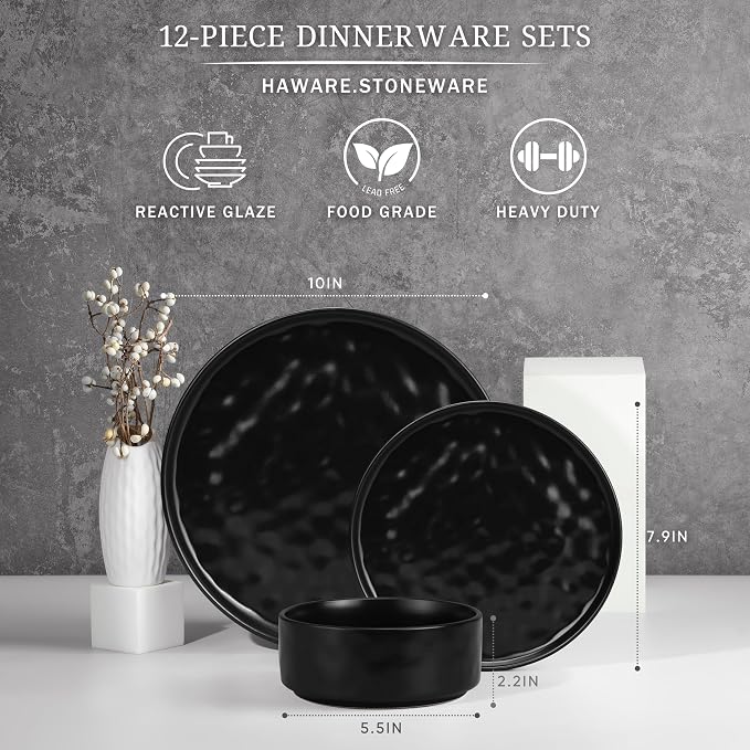 HaWare Dinnerware Sets, 12-Piece Plates and Bowls Set, Matte Black | Stoneware - Image 2