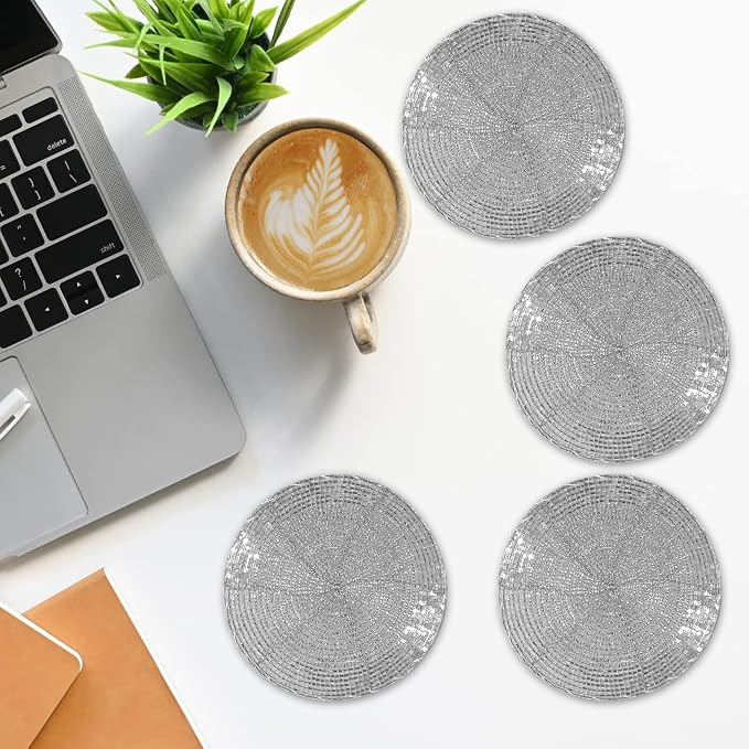Silver Coasters Set of 4, Handmade Beaded Bar Drink Tabletop Protection Coasters - Image 6