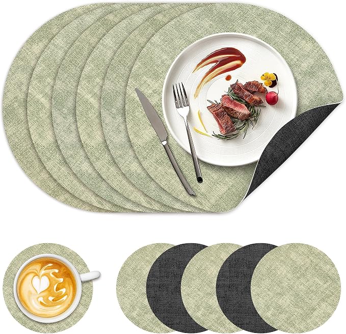 NCUE 13" Faux Leather Round Placemats Set of 6, Reversible Dual-Color | by NCUE