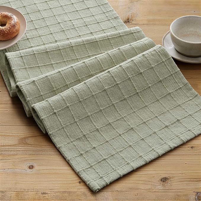 Artisanal Grid Linen Table Runner, 13x36 Inches Seeding Green | Heavy Textured - Image 2