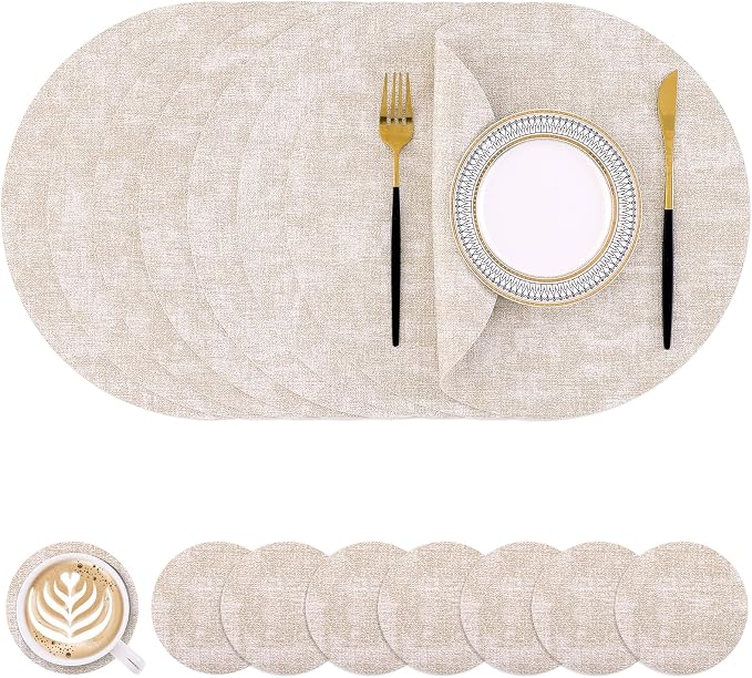 Homaxy Round Faux Leather Placemats and Coasters, Wipeable Place Mats, by Homaxy