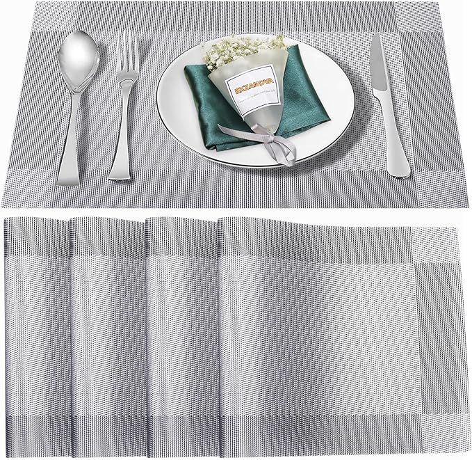 Placemats Set of 4, Vinyl Weave Silver Non Slip Table Mats | Heat Resistant by BxzanDya-LifeSmartMaker