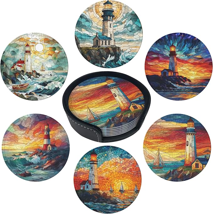 Lighthouse Coasters Leather Round Drink Coasters 6 Pcs Set by Yopiiefa