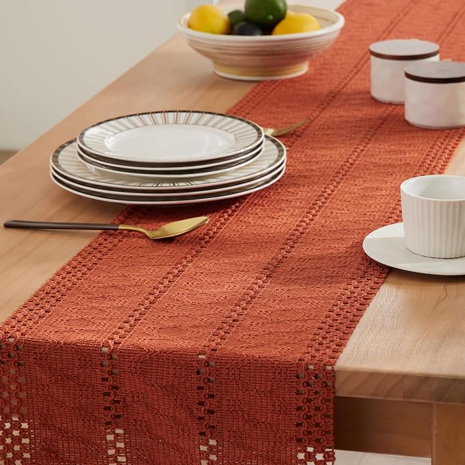 Macrame Style Boho Table Runner, 12x48 Inch Rust | Woven Boho Table Runner - Image 5