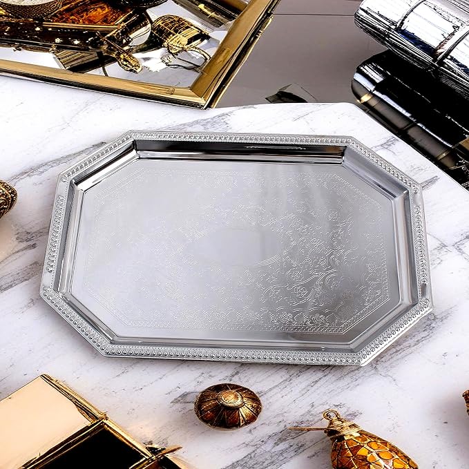 Elegant Floral Engraved Serving Tray Chrome Plated Steel Plate Platter - Image 5