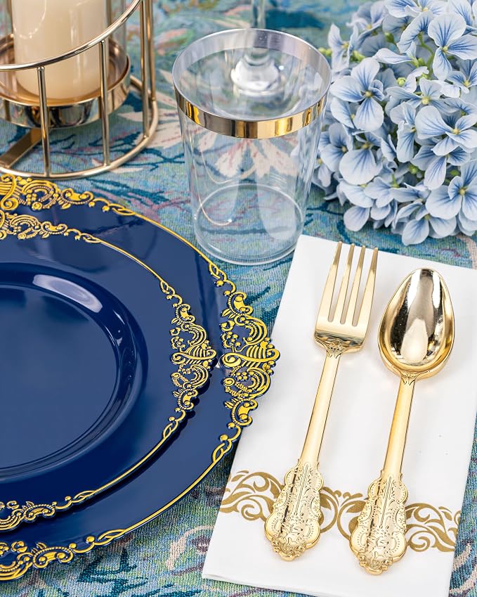 Nervure 175Pcs Blue Plastic Plates, Disposable Dinnerware Set - Image 6