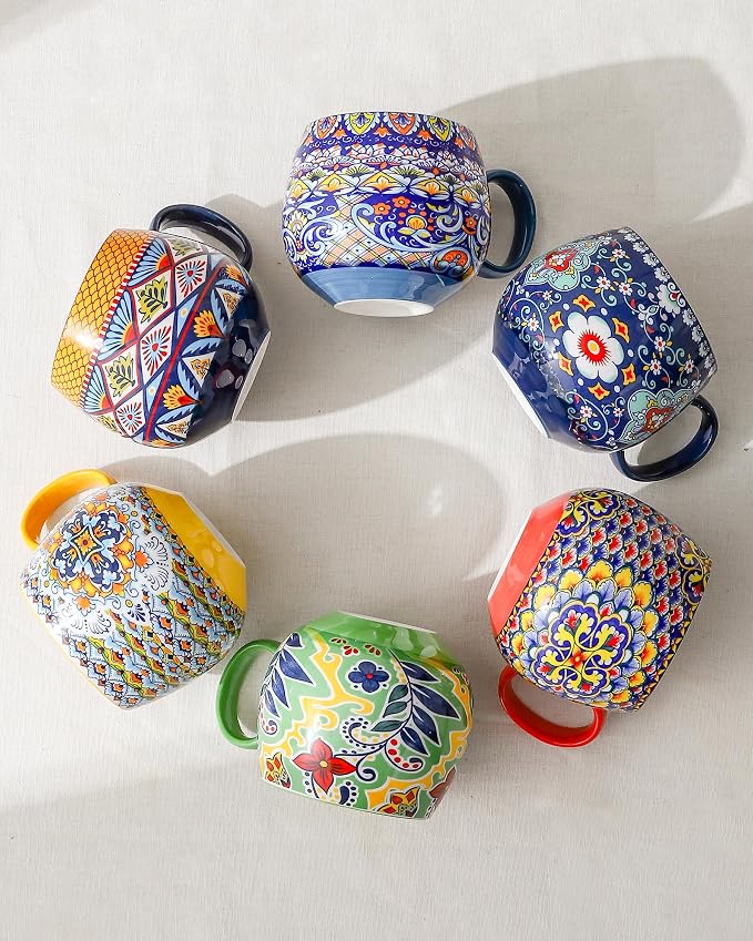 HENXFEN LEAD Large Boho Ceramic Coffee Mugs Set of 6, 20 oz | Assorted Patterns - Image 3
