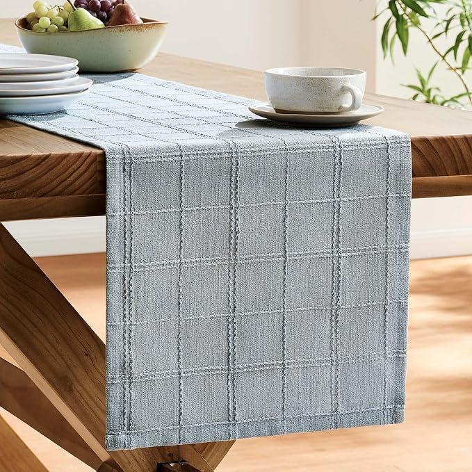 Linen Checked Farmhouse Table Runner, 13x108 Inches Chambray | Raised Grid - Image 4