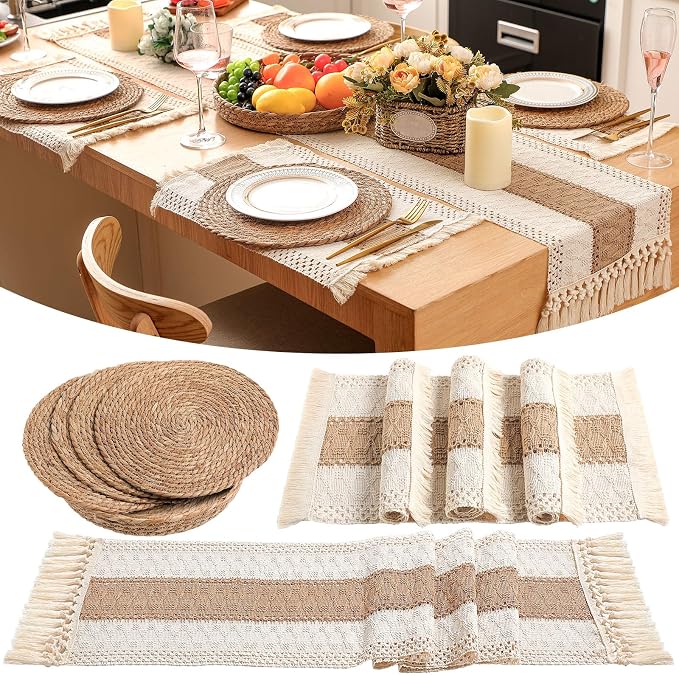 Boho Placemats 4/6/8 Set of Round Woven Placemat Macrame Style Bicolor by Gandeer
