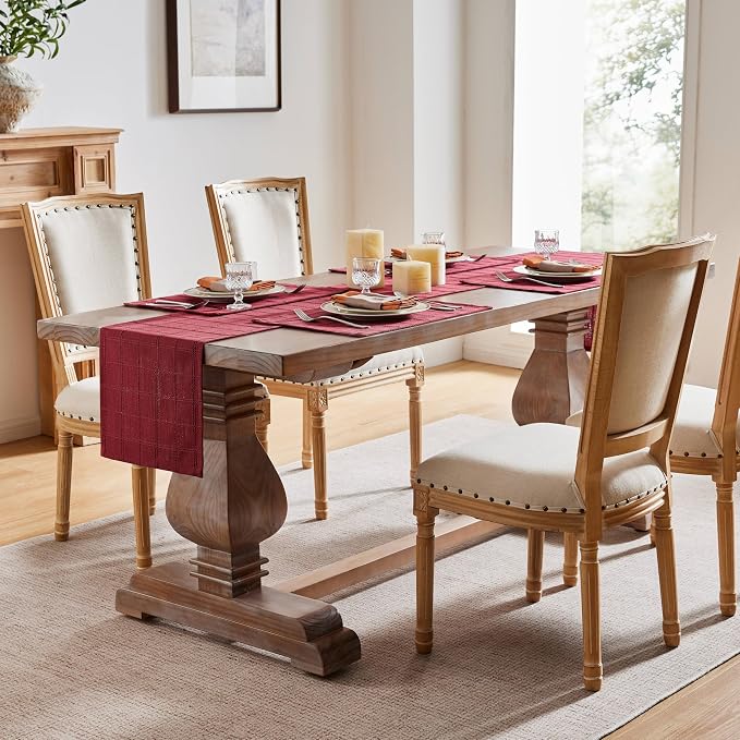 Linen Checked Farmhouse Table Runner, 13x108 Inches Burgundy | Raised Grid - Image 3