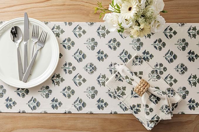 Block Print Floral Decorative Table Runners, 13x72 Inch Olive | 100% Organic - Image 4