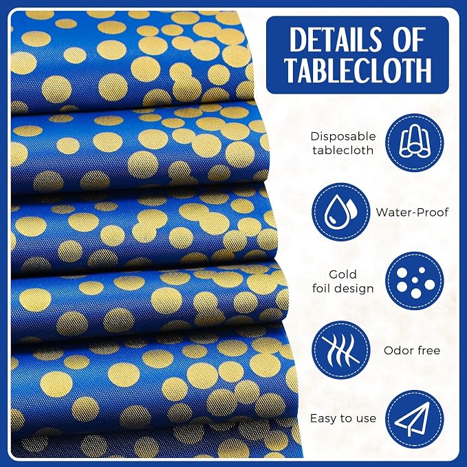 8 Pack Navy Blue and Gold Disposable Plastic Tablecloths and Satin Table Runner - Image 3